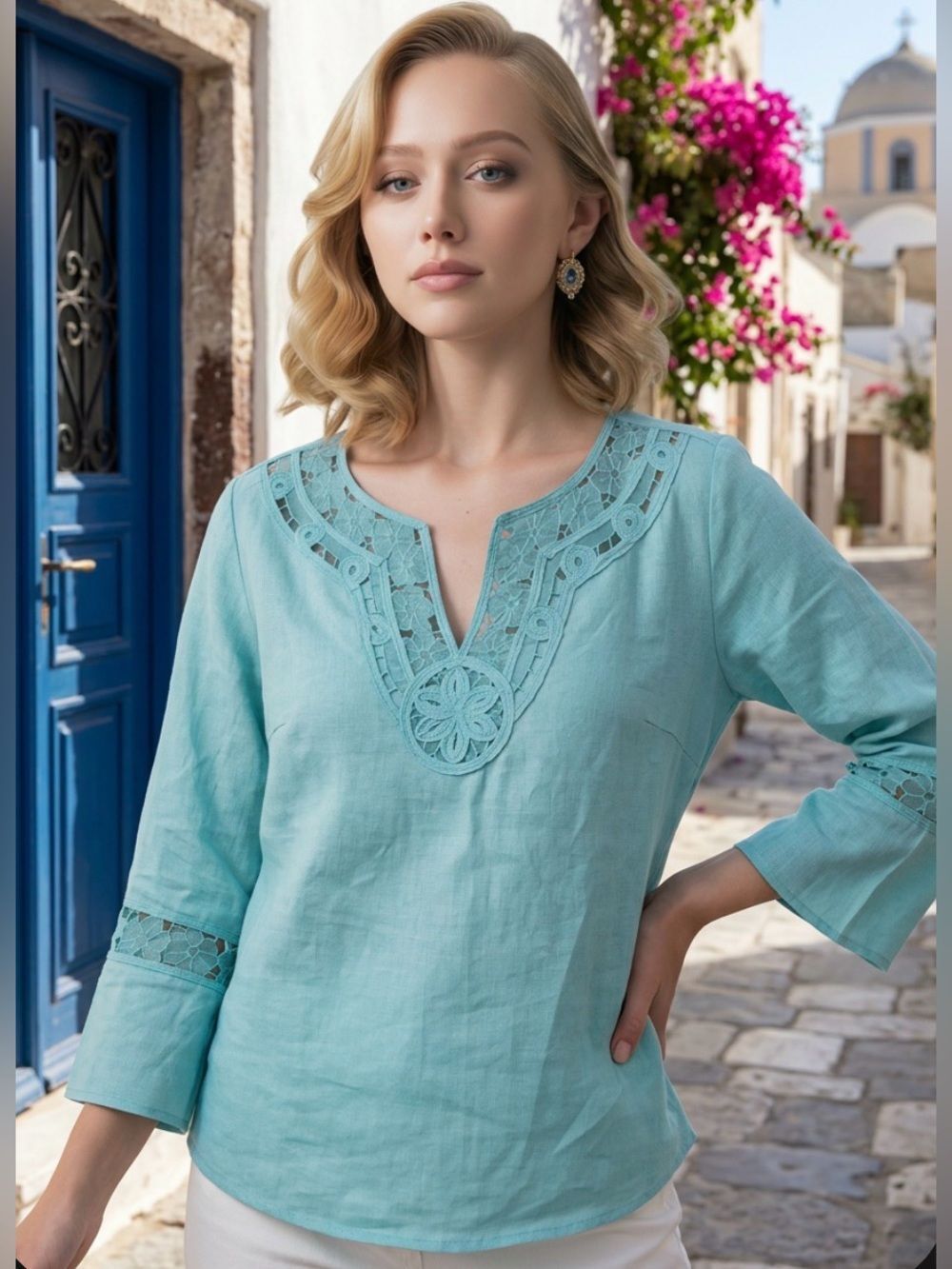 Carole Little Aqua Blue Embroidered V-Neck Tunic